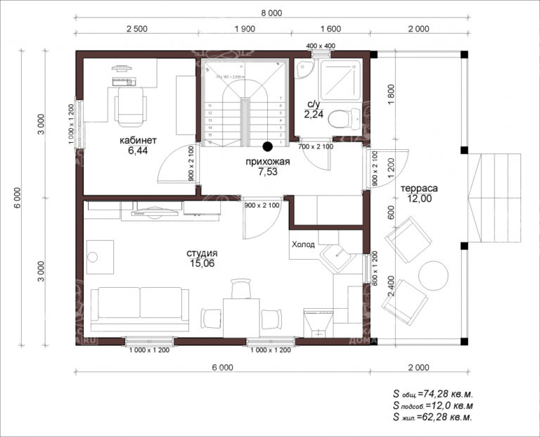 каркасный дом 8x6 Адулярий планировка 