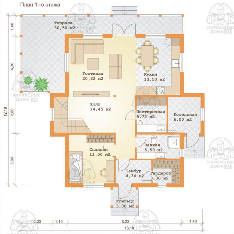 планировка каркасного дома 12x13