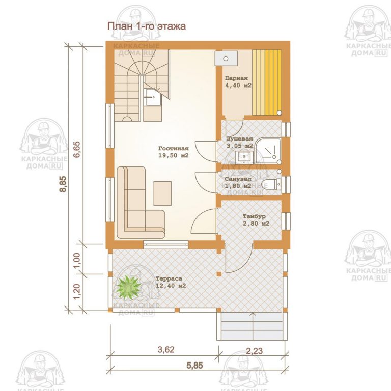планировка каркасного дома-баня 9x6