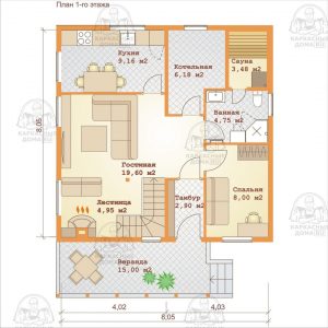 каркасный дом 8x8 Кордиерит планировка 